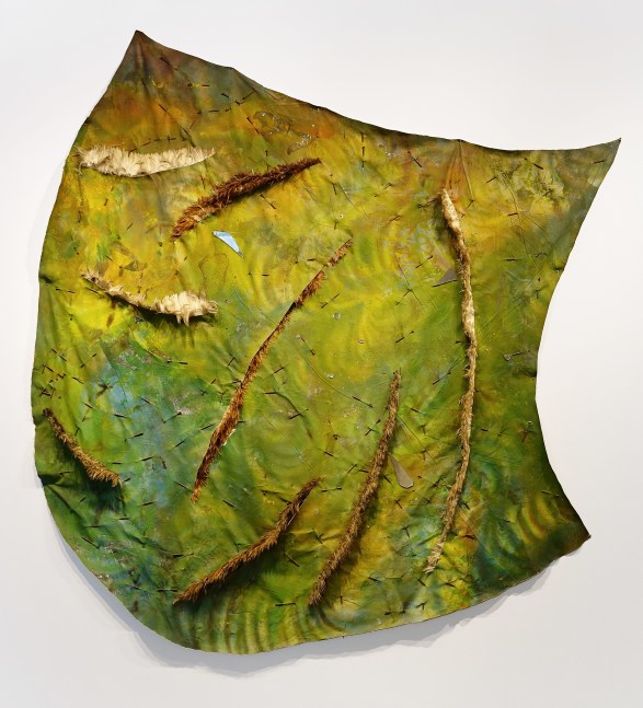 Carlos Villa Waikiki (Little Wave), 1972 acrylic on rough canvas with strips of feathers, nails, mirror, and blood approx. 94 x 94 x 3 in.