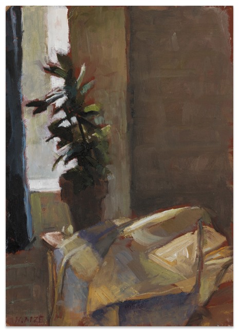 Catherine Maize Room with Indigo Curtain, 2025 oil on panel 7 x 5 in.