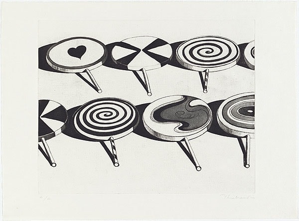 Wayne Thiebaud
Black &amp;amp; White Suckers, 1971
aquatint and soft ground etching, T.P.
17 1/2 x 21 3/4 in. (image); 22 x 26 1/2 in. (sheet)