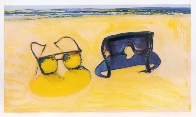 Wayne Thiebaud Beach Glasses, 1994 color soap ground and spit bite aquatints with drypoint and aquatint, A.P. 4 15 1/2 x 27 in. [image]; 24 x 34 in. [sheet]