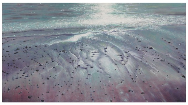 An image of Arthur Okamura's painting Wave Edge, created in 2000.  It is made of oil on canvas and measures 46 x 84 inches.