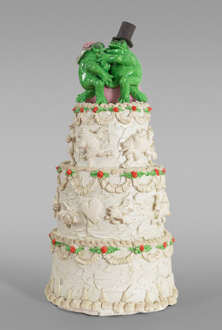 David Gilhooly Erotic Frog Wedding Cake #6, 1979 glazed and painted earthenware 28 1/2 x 14 1/2 in.