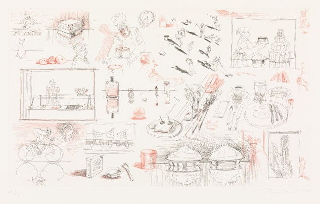 Wayne Thiebaud Sketches, 1995 hard ground etching printed in red and black, ed. 25/50 13 x 21 3/4 in. [image]; 21 3/4 x 30 in. [sheet]