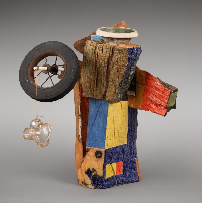 Robert Hudson, Jar with Wheel, 2002 glazed porcelain, rubber, steel, string, and glass, 21 x 19 x 17 inches