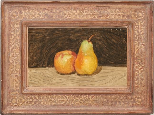 Robert M. Kulicke Pear and Apple Against a Black Background, 1957 oil on cardboard ​​​​​​​5 13/16 x 10 in.