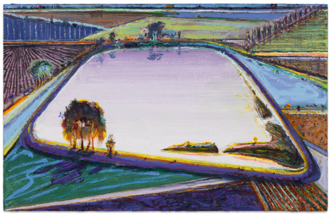 Wayne Thiebaud Irrigation Pond, 1995/2015 acrylic on Masonite 15 1/4 x 23 7/8 in.