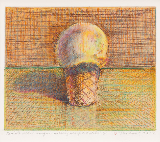 Wayne Thiebaud Cone, 2014 pastel &amp; ink over hard ground etching, unique C.T.P. 6 1/2 x 8 in. [image]; 13 x 13 in. [sheet]
