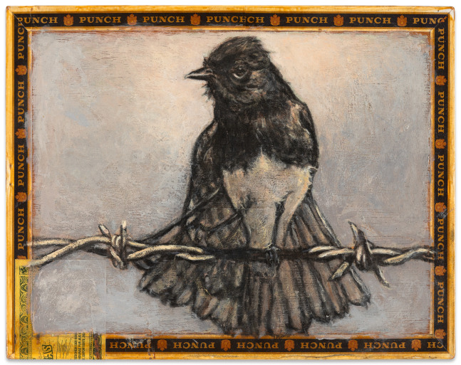 Ed Musante Black Phoebe / Punch, 2014 mixed media on cigar box 7 3/4 x 9 7/8 x 1 7/8 in.