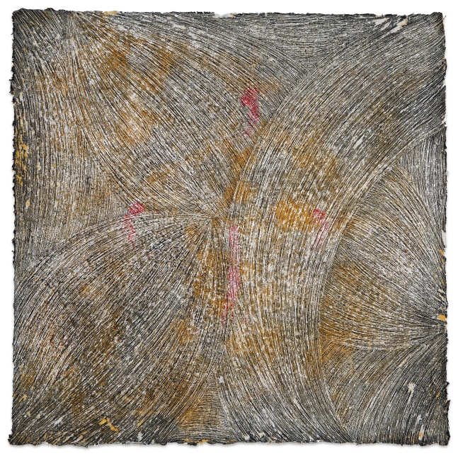 Marc Katano Drishti 20, 2025 acrylic and paintstik on Nepalese paper 30 x 30 1/2 in.