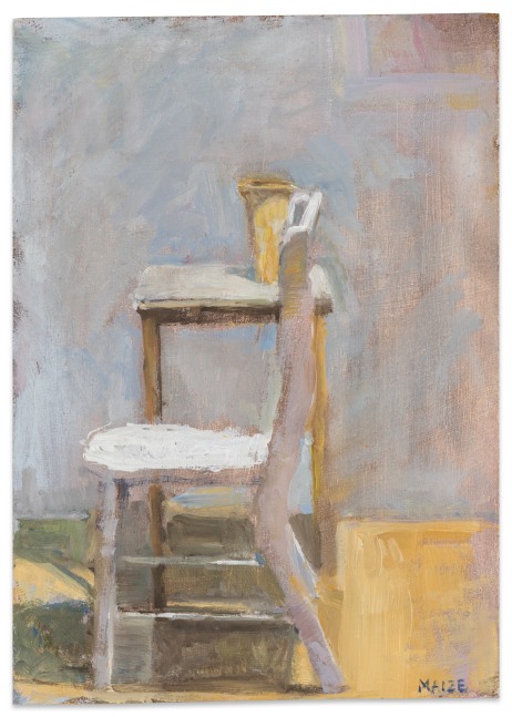 Catherine Maize &quot;Chair and Table with Yellow Vase,&quot; 2025 oil on panel 7 x 5 in.