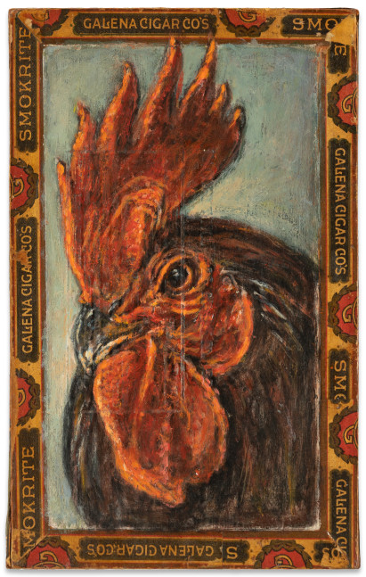 Ed Musante &quot;Rooster / Smokrite,&quot; 2017 mixed media on cigar box 8 x 5 x 2 1/4 in. $2600.00
