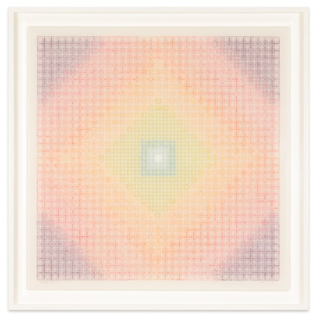 Mary Ijichi Assemblage #28, 2024 colored pencil, mylar, plastic, beads, acrylic, artist's tape, and museum board 27 5/8 x 27 3/8 in. (frame)