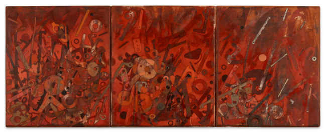 Sono Osato Umma, 2009 tinted rabbit-skin glue ground, oil &amp; reclaimed objects on panel ​​​​​​​14 x 36 in. (triptych); 14 x 12 in. (panel)