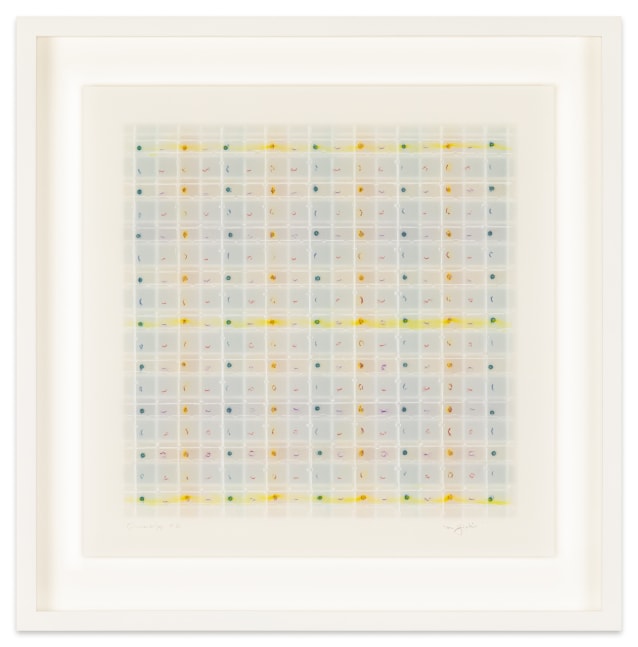 Mary Ijichi Assemblage #31, 2024 colored pencil, mylar, plastic, beads, acrylic, artist's tape, and museum board 15 5/8 x 15 3/8 in. (frame)
