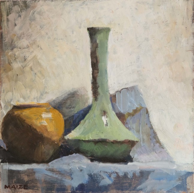 Catherine Maize Two Vases on Purple Cloth, 2022 oil on panel 6 x 6 in.