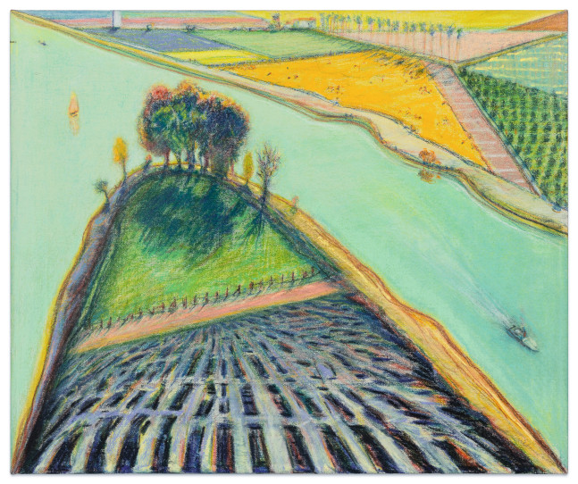 Wayne Thiebaud River Delta with Boat, 2001-2002 pastel on canvas 19 3/4 x 23 1/2 in.