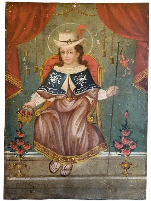 El Nino de Atocha, 19th century Mexican retablo oil on tin 13 7/8 x 10 in.