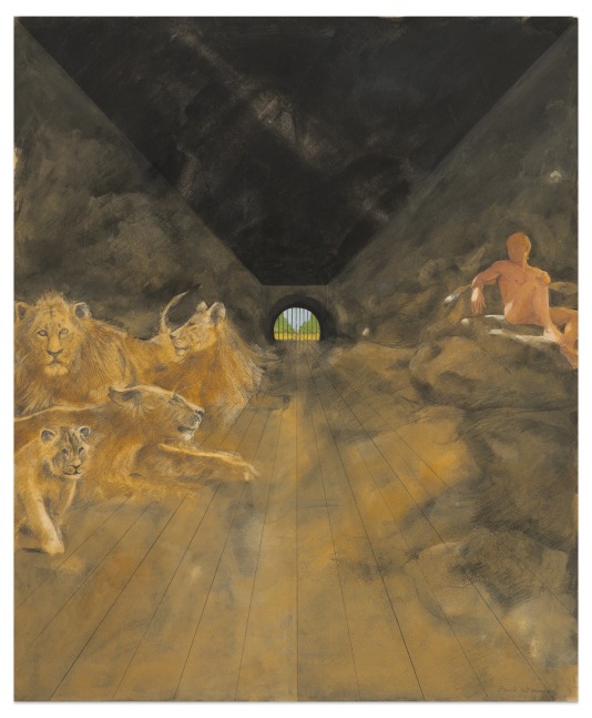 Paul Wonner Book of Daniel, No. 39, In the Lion's Den, 1972 casein, charcoal, and pencil on paper ​​​​​​​16 7/8 x 13 7/8 in. (image)