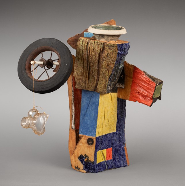 Robert Hudson Jar with Wheel, 2002 glazed porcelain, rubber, steel, string and glass 21 x 19 x 17 inches