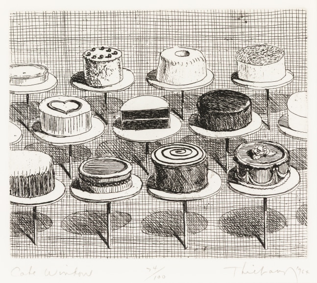 Wayne Thiebaud Cake Window, from the series, Delights, 1964 etching, ed. 74/100 5 x 6 in. [image]; 12 7/8 x 10 7/8 in. [sheet]