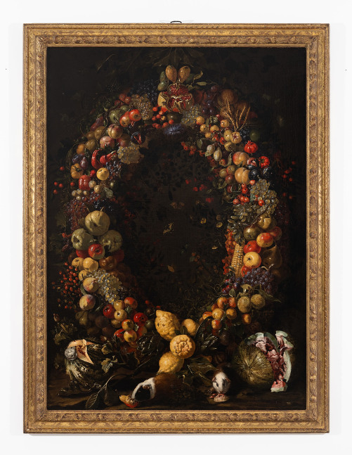 Luca Forte (Naples, 1615 &amp;ndash; ante 1670)

A garland of pomegranate, grapes, peaches, corn, figs, lemons and other fruits and vegetables, with guinea fowls in the foreground

Oil on canvas

67 x 47 inches

170.4 x 119.4 cm

(FP 23/027)