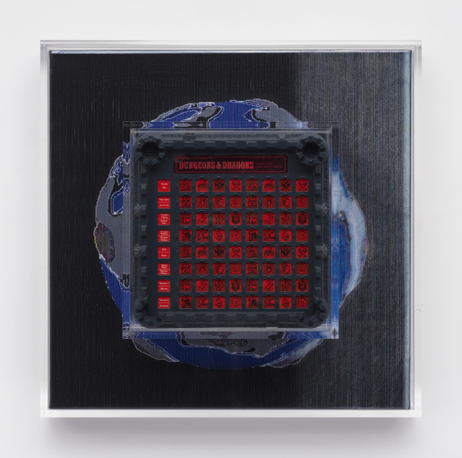 Simon Denny

Dungeon map 1: Dungeons &amp;amp; Dragons Computer Labyrinth board / Dark Forest Valhalla prize planet (Defiant Conspire)

2024

Oil and UV print on canvas, plexiglas, 1980 Dungeons &amp;amp; Dragons Computer Labyrinth board

20.6 x 20.6 x 7.4 inches

52.5 x 52.5 x 18.8 cm

(SD 24/004)