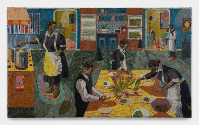 Derek Fordjour

Mayweather Catering Company

2023

Acrylic, charcoal, cardboard, oil pastel and foil on newspaper mounted on canvas

60 x 100 inches

152.4 x 254 cm

(DF 23/019)