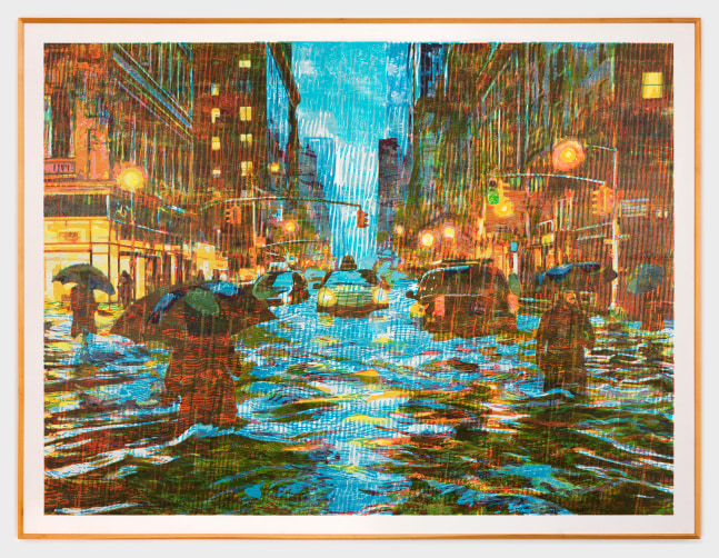 Zorawar Sidhu and Rob Swainston

New York Street; Rainy Day

2023-2025

Multi-color woodcut on fabric

Framed: 78 x 102 1/8 inches

198.1 x 260.4 cm

Edition of 3 + 2 AP

(ZSRS 24/004)
