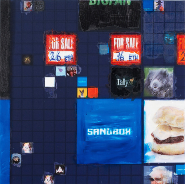 Simon Denny

Metaverse Landscape 24: The Sandbox Land (-173, -12)

2023

Oil on canvas, UV print, Ethereum paper wallet, dynamic ERC-721 NFT

39.37 x 39.37 x 1.77 inches

100 x 100 x 4.5 cm