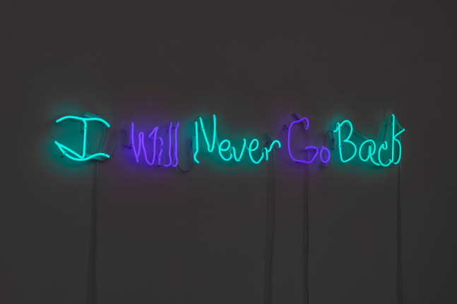 JACOLBY SATTERWHITE
I Will Never Go Back
2020
Neon, unique
10 1/2 by 70 by 2 1/4 in.&amp;nbsp; 26.7 by 177.8 by 5.7 cm.
MI&amp;amp;N 16672

$18,000