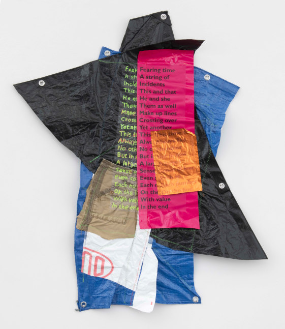 JESSICA STOCKHOLDER
March of Time Layered
[JS 846]
2020
Plastic tarps, Tyvek, metal foil, vinyl, thread, grommets and printed decals
49 by 42 by 3 in.&amp;nbsp; 124.5 by 106.7 by 7.6 cm.
MI&amp;amp;N 16899

$28,000