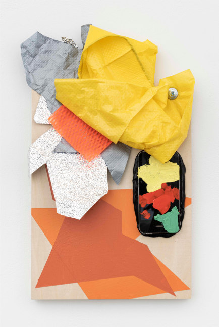 JESSICA STOCKHOLDER
Melodrama
[JS 841]
2020
Wood panel, plastic tarp, metal foil, iPhone, oil paint, acrylic paint, plastic mesh, silicone adhesive and hardware
16 by 10 1/2 by 4 in.&amp;nbsp; 40.6 by 26.7 by 10.2 cm.
MI&amp;amp;N 16895

$15,000