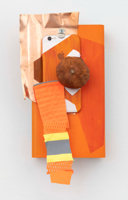 JESSICA STOCKHOLDER
Infrared
[JS 749]
2018
Hard drive case, copper foil, dried clementine, fabric, hardware, glue, iPhone and oil paint
12 1/2 by 6 by 4 in.&amp;nbsp; 31.8 by 15.2 by 10.2 cm.
MI&amp;amp;N 14965

$15,000
