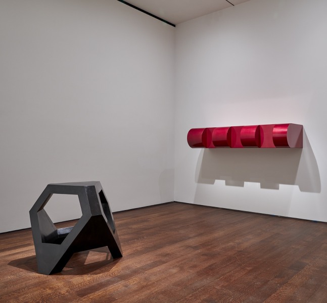 Tony Smith, Generation,&amp;nbsp;1965;&amp;nbsp;Donald Judd,&amp;nbsp;Untitled (DSS #108 - first version),&amp;nbsp;1967;&amp;nbsp;and Ronald Bladen, Thor,&amp;nbsp;1965-1969, on view in&amp;nbsp;less: minimalism in the 1960s.