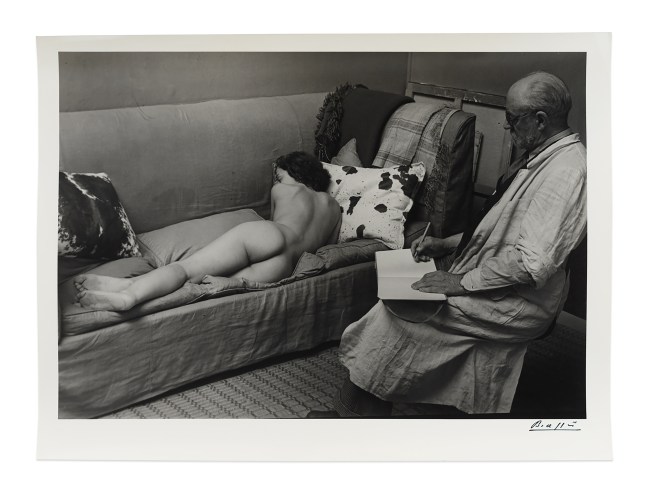 Matisse dessinant un nu allong&amp;eacute; &amp;agrave; Paris, Villa d&amp;rsquo;Al&amp;eacute;sia&amp;nbsp;(Matisse drawing a reclining model, Villa d&amp;rsquo;Al&amp;eacute;sia, Paris), 1939&amp;nbsp;
gelatin silver print on double weight paper&amp;nbsp;
image: 10 1/4 x 14 3/4 in. / 26.0 x 37.5 cm

sheet: 12 x 16 in. / 30.5 x 40.6 cm&amp;nbsp;

recto:&amp;nbsp;signed, lower right&amp;nbsp;

verso:&amp;nbsp;stamped &amp;lsquo;Copyright by BRASSA&amp;Iuml; 1939 All Rights Reserved&amp;rsquo;; &amp;lsquo;Tirage de l&amp;rsquo;Auteur&amp;rsquo;, inscribed &amp;lsquo;Matisse dessinant un nu allong&amp;eacute; &amp;agrave; Paris. Villa d&amp;rsquo;Al&amp;eacute;sia 14e&amp;rsquo;; &amp;lsquo;A. 287&amp;rsquo;; &amp;lsquo;No. Catal. 56&amp;rsquo;; &amp;lsquo;PN1509/6&amp;rsquo;&amp;nbsp;