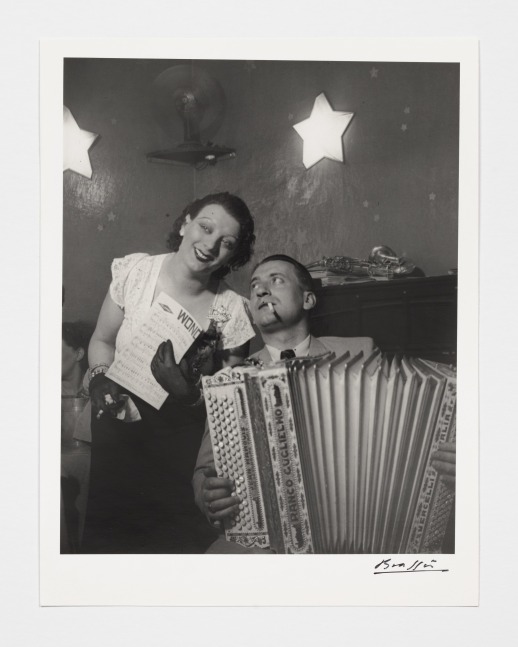 Kiki avec son accord&amp;eacute;oniste, au Cabaret des fleurs, &amp;agrave; Montparnasse&amp;nbsp;(Kiki with her accordion player at the Cabaret des Fleurs, Rue de Montparnasse), c. 1932
gelatin silver print on double weight paper
image: 10 1/8 x 8 1/4 in. / 25.7 x 21&amp;nbsp;cm

sheet: 11 5/8 x 9 in. / 29.5 x 22.9 cm

recto:&amp;nbsp;signed, lower right&amp;nbsp;

verso:&amp;nbsp;stamped &amp;lsquo;Copyright by BRASSA&amp;Iuml; 19 All Rights Reserved&amp;rsquo;; &amp;lsquo;INTERDICTION DE REPRODUIRE SANS AUTORISATION DE L&amp;rsquo;AUTEUR&amp;rsquo;; &amp;lsquo;Tirage de l&amp;rsquo;Auteur&amp;rsquo;, inscribed &amp;lsquo;Pl. 495&amp;rsquo;; &amp;lsquo;PN1069&amp;rsquo;&amp;nbsp;