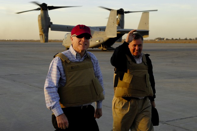 Senators John McCain and Lindsey Graham at Sather Air Base, Iraq, March 16, 2008 (U.S. Air Force photo by Tech. Sgt. Jeffrey Allen, Courtesy Images of Freedom)