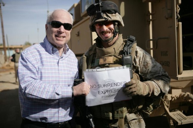 Senator John McCain stands with U.S. Marine Corps Maj. Gordon Hilbun in Haditha, Iraq, March 16, 2008. (U.S. Marine Corps photo by Cpl. Erin A. Kirk, Courtesy Images of Freedom)&amp;nbsp;