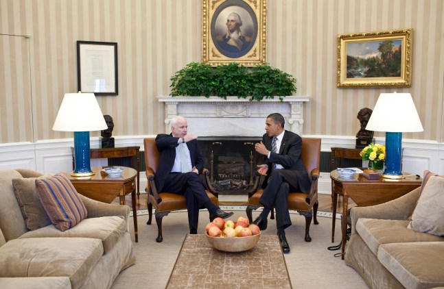 President Barack Obama meets with Senator John McCain in the Oval Office, Washington, D.C., February 2, 2011 (Official White House Photo by Pete Souza)