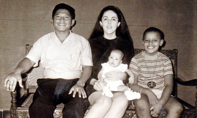 A young Barack Obama with stepfather, Lolo Soetoro, mother, Ann, and half-sister, Maya, Indonesia, 1970 (Courtesy Barack Obama Presidential Library)