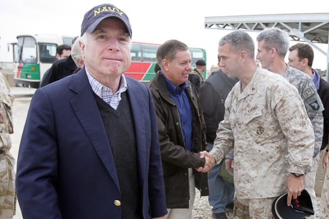 Senators John McCain, Joe Lieberman and Lindsey Graham arrive on Camp Bastion, Afghanistan, Dec. 7, 2008 (U.S. Marine Corps photo by Cpl. Pete Thibodeau, Courtesy Images of Freedom)