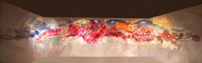 Sarah Ahmad
Cosmic Veils
2020
Laser-cut fluorescent and transparent acrylic and dichroic film
​408 x 168 x 168&amp;nbsp;in. and 201 x 138 x 120 in.