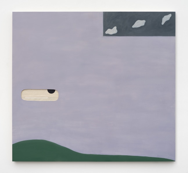 A lavender painting of a green hill with clouds above and a cut out revealing a black polkadot on paper beneath the wood panel.