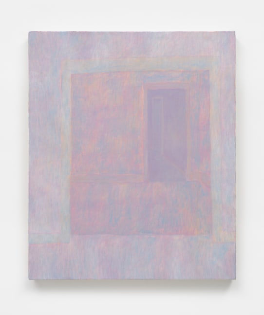 A painting rendered in pale pinks, blues and purples depicting a series of doorways leading into one another.