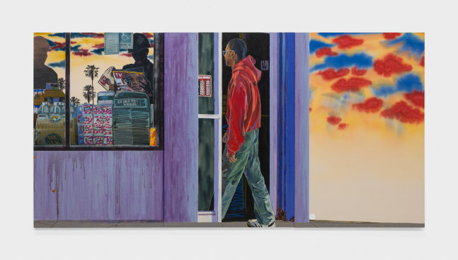 A three panel painting by Tidawhitney Lek depicting a man in  red sweatshirt walking into a liquor store wherein the silhouettes of men in military attire read the TV guide.