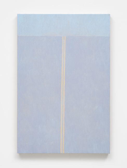 A painting of the yellow lines on a pale blue road reaching a horizon line.