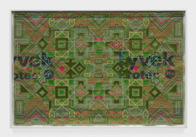 A framed green artwork with orange, red and green patterns sewn into roofing material.