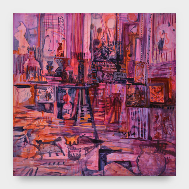 A painting by Elizabeth Schwaiger in red, orange and fuschia hues of a room with sprawling flowers, tables, vases and paintings on the walls.