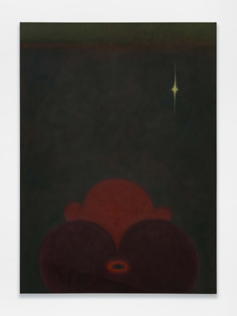 A painting with rounded forms of with an orifice against a green sky with a star.