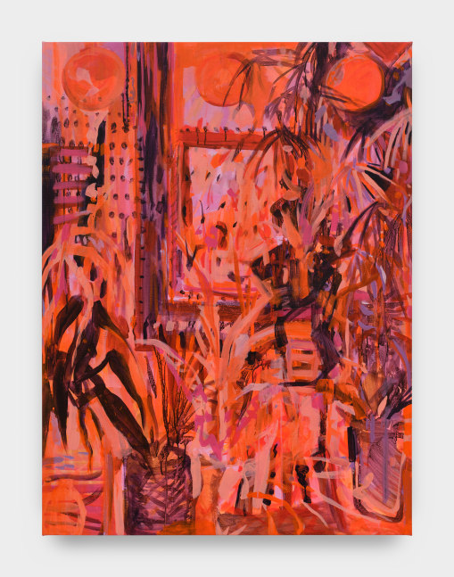 A painting by Elizabeth Schwaiger in orange and purple hues of a room with sprawling plants and a window.